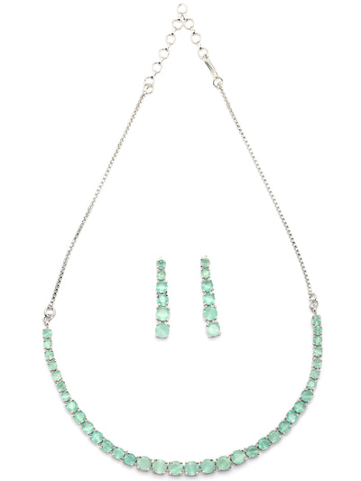 Sukkhi Classic Style American Diamond Studded Rhodium Silver Plated Handmade Circle Aqua Blue Choker Necklace With Dangle Earrings Jewellery Set for Women & Girs|NS107429