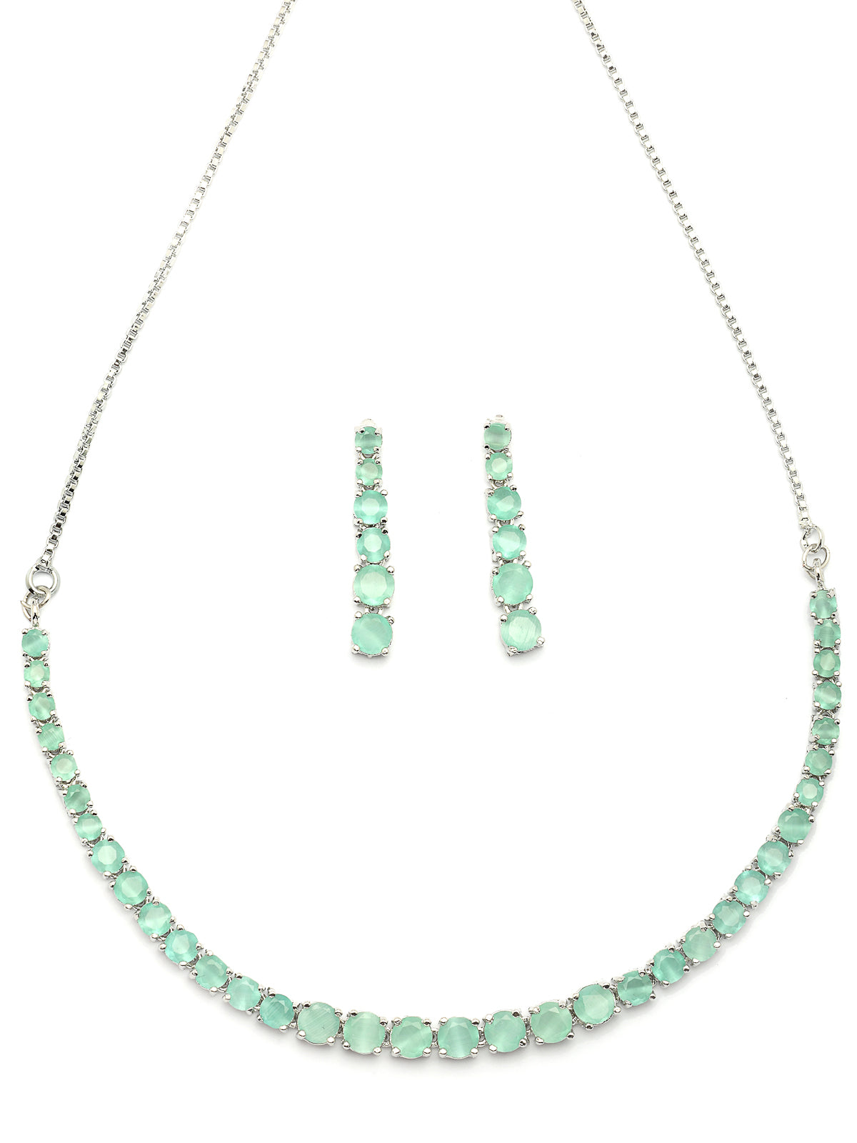 Sukkhi Classic Style American Diamond Studded Rhodium Silver Plated Handmade Circle Aqua Blue Choker Necklace With Dangle Earrings Jewellery Set for Women & Girs|NS107429