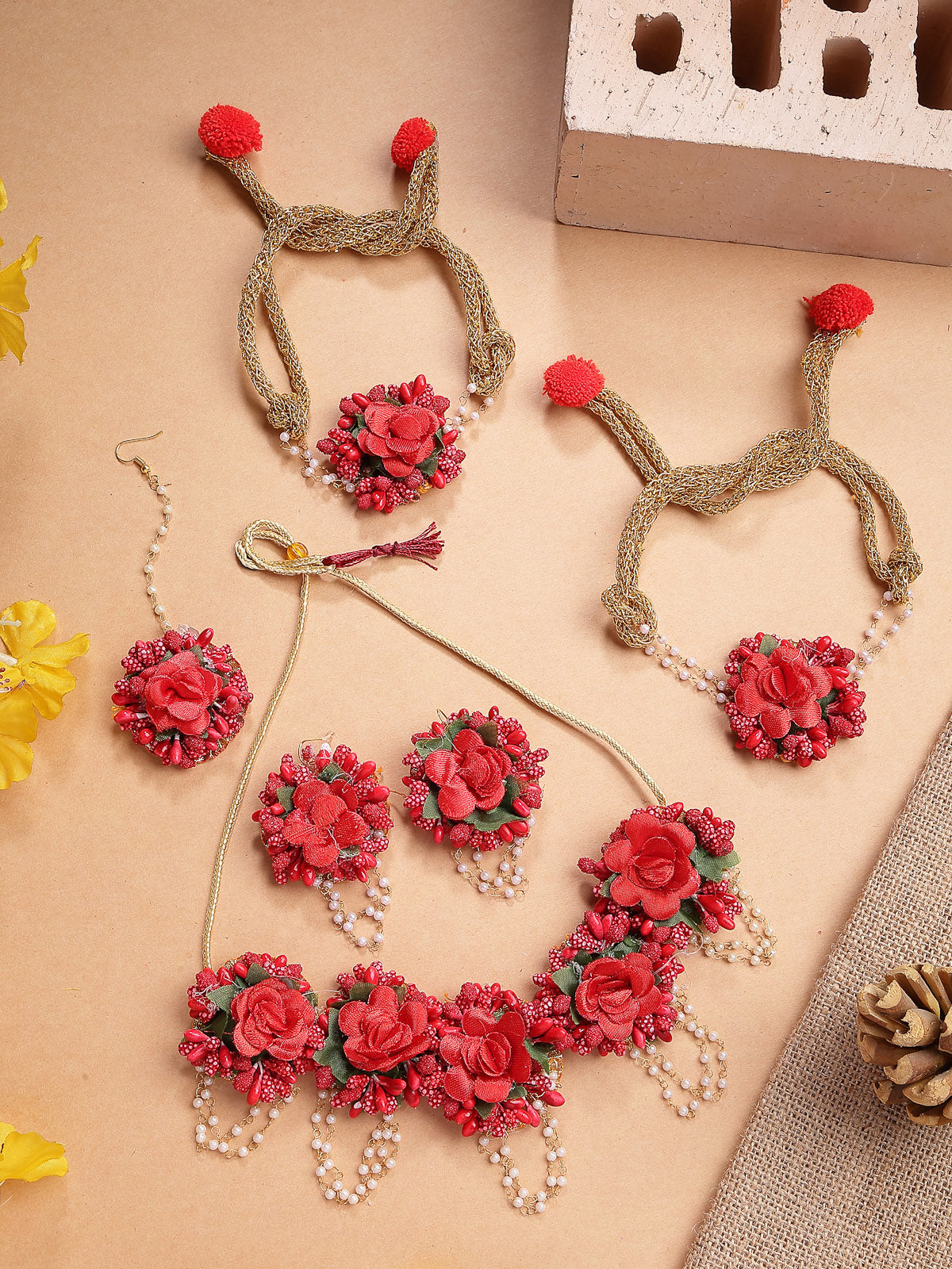 Sukkhi Decorative Stylish Fashion Flowers Handmade Red Jewellery Set for Haldi Gota Patti Necklace Earrings Bracelet & Maangtikka for Women & Girls|Mehandi/Haldi/Wedding/Bridal/Baby Shower|NS107464