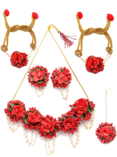 Sukkhi Decorative Stylish Fashion Flowers Handmade Red Jewellery Set for Haldi Gota Patti Necklace Earrings Bracelet & Maangtikka for Women & Girls|Mehandi/Haldi/Wedding/Bridal/Baby Shower|NS107464