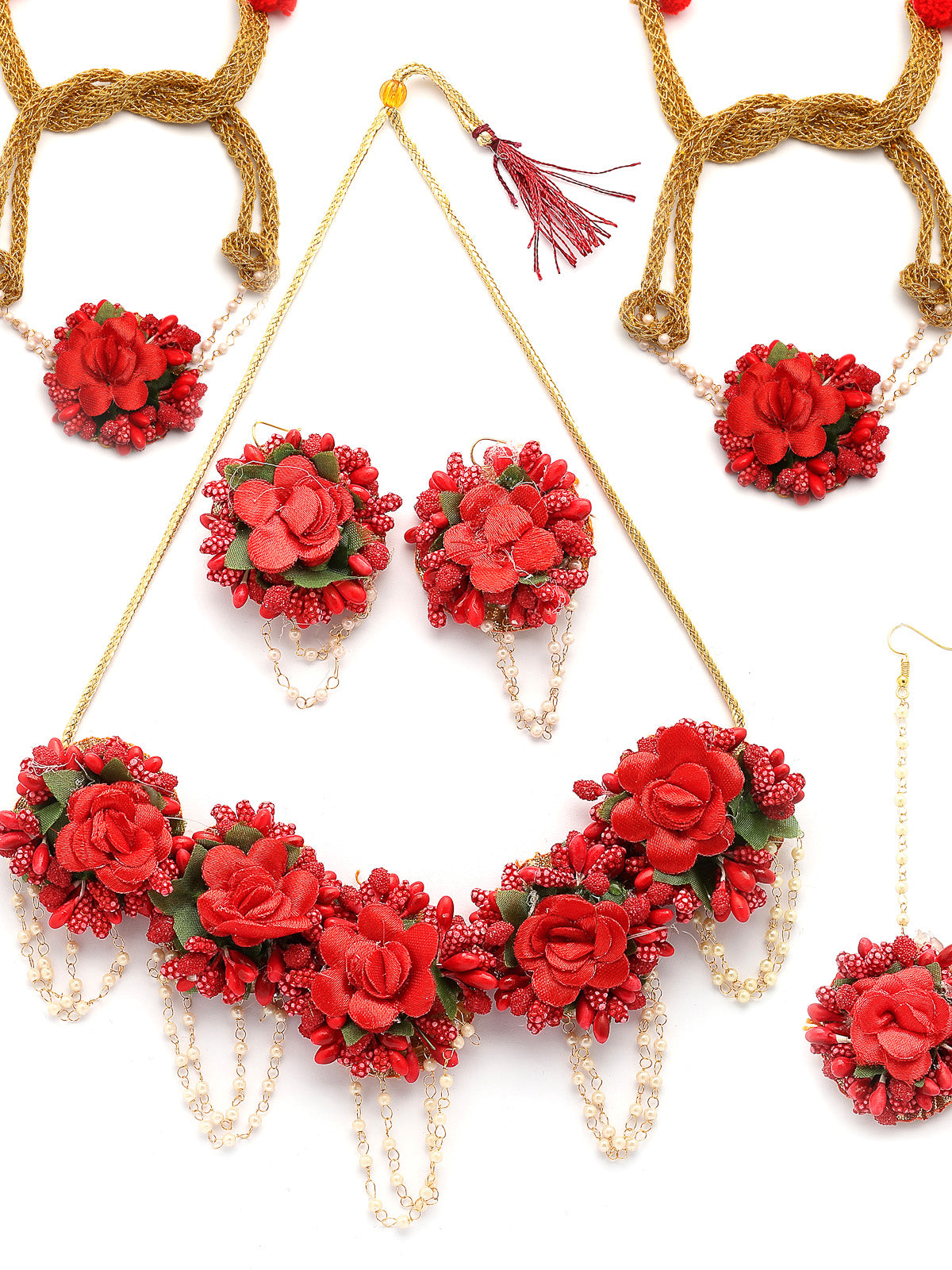 Sukkhi Decorative Stylish Fashion Flowers Handmade Red Jewellery Set for Haldi Gota Patti Necklace Earrings Bracelet & Maangtikka for Women & Girls|Mehandi/Haldi/Wedding/Bridal/Baby Shower|NS107464