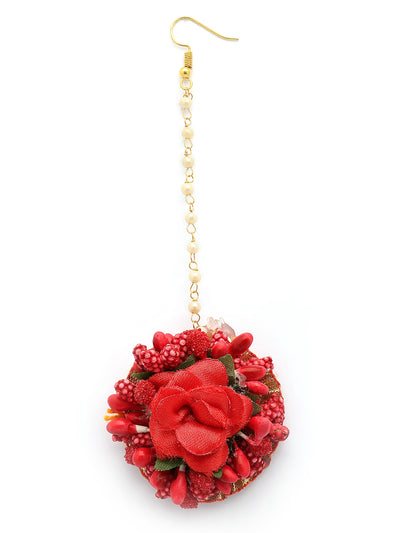 Sukkhi Decorative Stylish Fashion Flowers Handmade Red Jewellery Set for Haldi Gota Patti Necklace Earrings Bracelet & Maangtikka for Women & Girls|Mehandi/Haldi/Wedding/Bridal/Baby Shower|NS107464