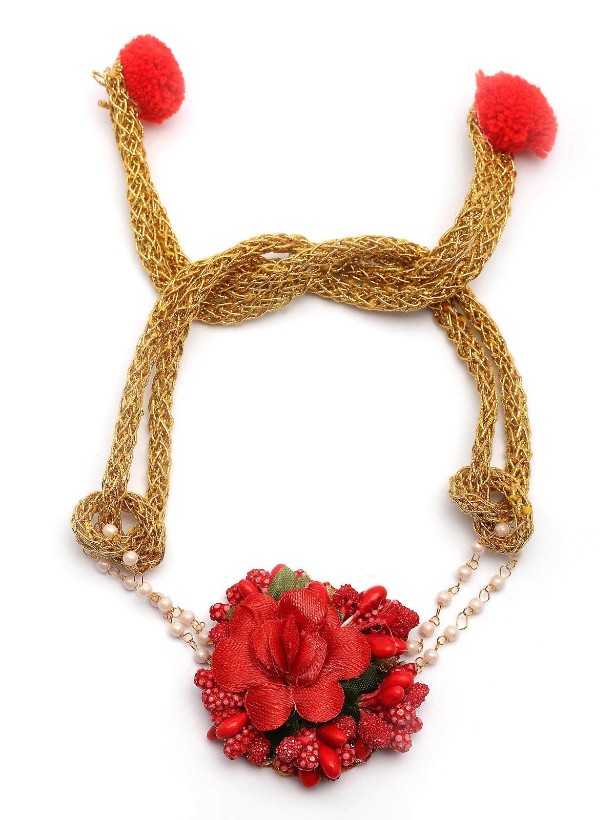 Sukkhi Decorative Stylish Fashion Flowers Handmade Red Jewellery Set for Haldi Gota Patti Necklace Earrings Bracelet & Maangtikka for Women & Girls|Mehandi/Haldi/Wedding/Bridal/Baby Shower|NS107464