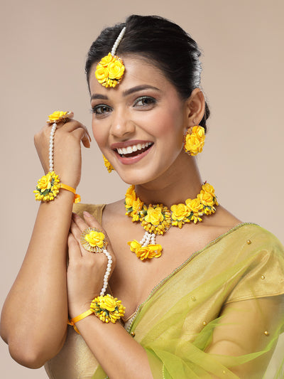 Sukkhi Creative Stylish Fashion Flowers Handmade Yellow Jewellery Set for Haldi Gota Patti Necklace Earrings Bracelet & Maangtikka for Women & Girls|Mehandi/Haldi/Wedding/Bridal/Baby Shower|NS107465