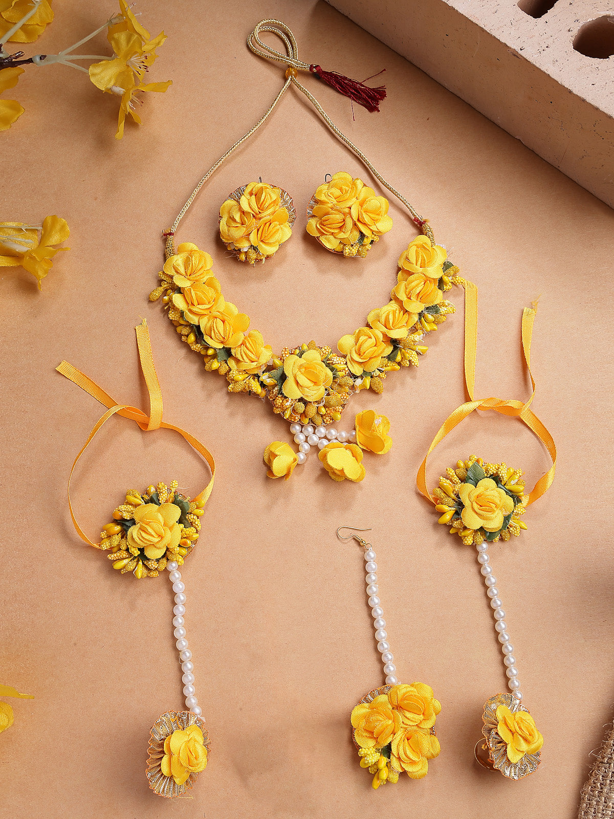 Sukkhi Creative Stylish Fashion Flowers Handmade Yellow Jewellery Set for Haldi Gota Patti Necklace Earrings Bracelet & Maangtikka for Women & Girls|Mehandi/Haldi/Wedding/Bridal/Baby Shower|NS107465