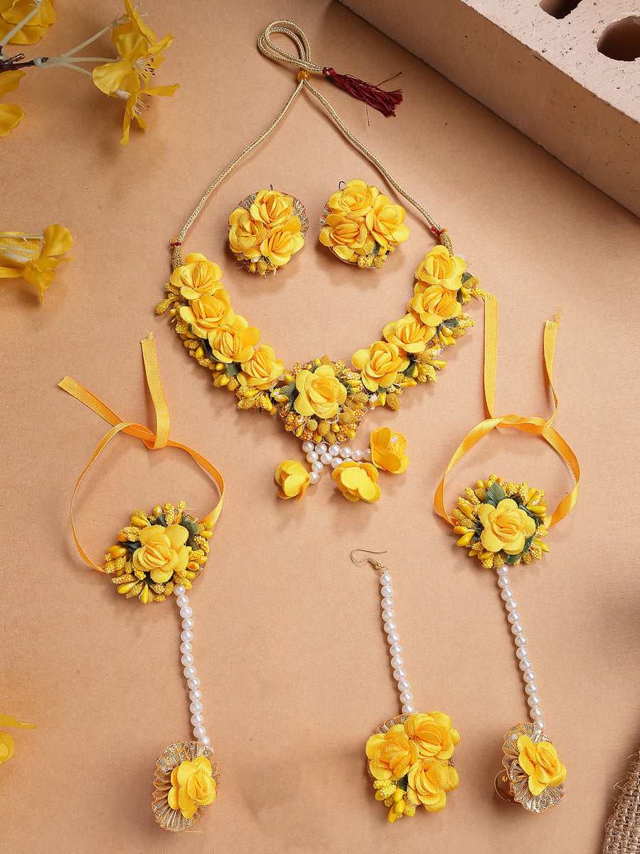 Sukkhi Creative Stylish Fashion Flowers Handmade Yellow Jewellery Set for Haldi Gota Patti Necklace Earrings Bracelet & Maangtikka for Women & Girls|Mehandi/Haldi/Wedding/Bridal/Baby Shower|NS107465