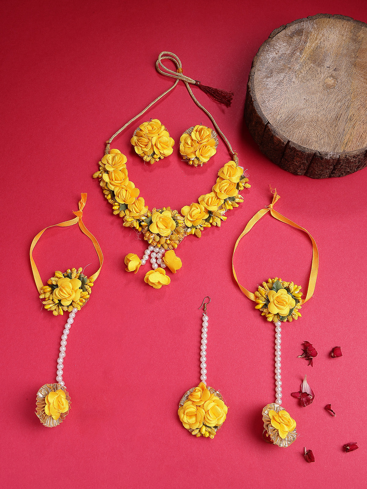 Sukkhi Creative Stylish Fashion Flowers Handmade Yellow Jewellery Set for Haldi Gota Patti Necklace Earrings Bracelet & Maangtikka for Women & Girls|Mehandi/Haldi/Wedding/Bridal/Baby Shower|NS107465