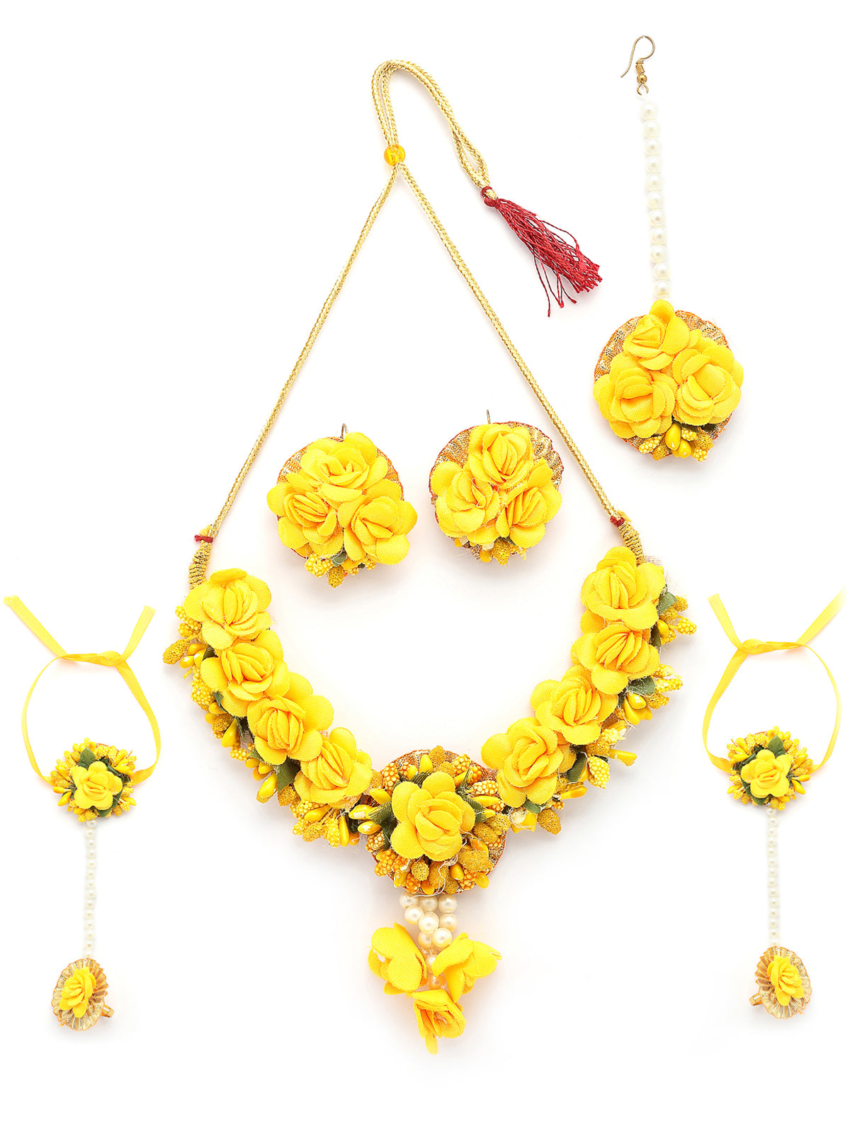 Sukkhi Creative Stylish Fashion Flowers Handmade Yellow Jewellery Set for Haldi Gota Patti Necklace Earrings Bracelet & Maangtikka for Women & Girls|Mehandi/Haldi/Wedding/Bridal/Baby Shower|NS107465