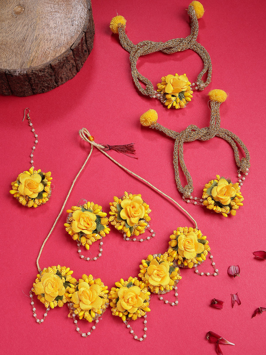 Sukkhi Decorative Stylish Fashion Flowers Handmade Yellow Jewellery Set for Haldi Gota Patti Necklace Earrings Bracelet & Maangtikka for Women & Girls|Mehandi/Haldi/Wedding/Bridal/Baby Shower|NS107466
