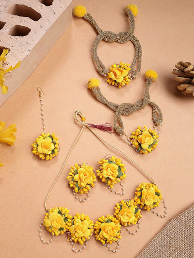 Sukkhi Decorative Stylish Fashion Flowers Handmade Yellow Jewellery Set for Haldi Gota Patti Necklace Earrings Bracelet & Maangtikka for Women & Girls|Mehandi/Haldi/Wedding/Bridal/Baby Shower|NS107466