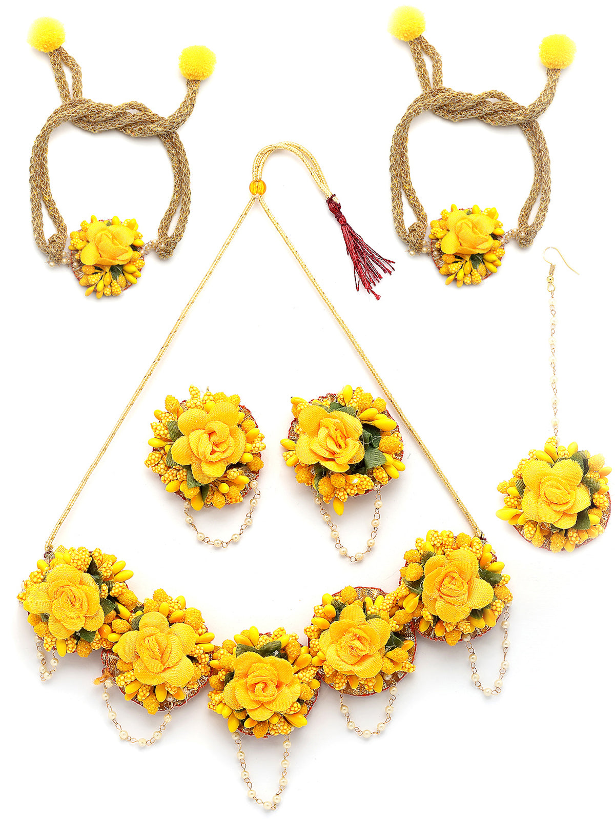 Sukkhi Decorative Stylish Fashion Flowers Handmade Yellow Jewellery Set for Haldi Gota Patti Necklace Earrings Bracelet & Maangtikka for Women & Girls|Mehandi/Haldi/Wedding/Bridal/Baby Shower|NS107466