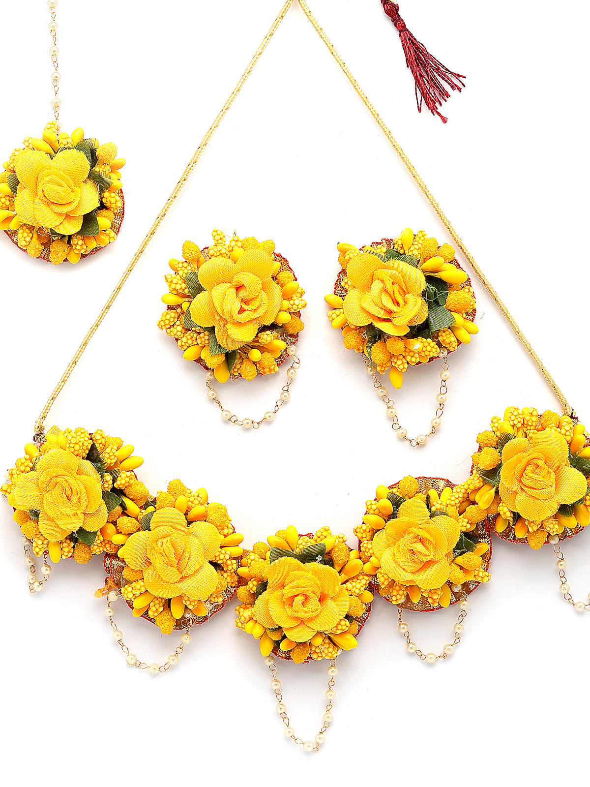 Sukkhi Decorative Stylish Fashion Flowers Handmade Yellow Jewellery Set for Haldi Gota Patti Necklace Earrings Bracelet & Maangtikka for Women & Girls|Mehandi/Haldi/Wedding/Bridal/Baby Shower|NS107466