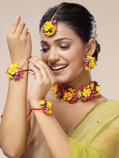 Sukkhi Decorative Stylish Fashion Flowers Handmade Yellow Red Jewellery Set for Haldi Gota Patti Necklace Earrings Bracelet & Maangtikka for Women & Girls|Mehandi/Haldi/Wedding/Bridal/Baby Shower|NS107467