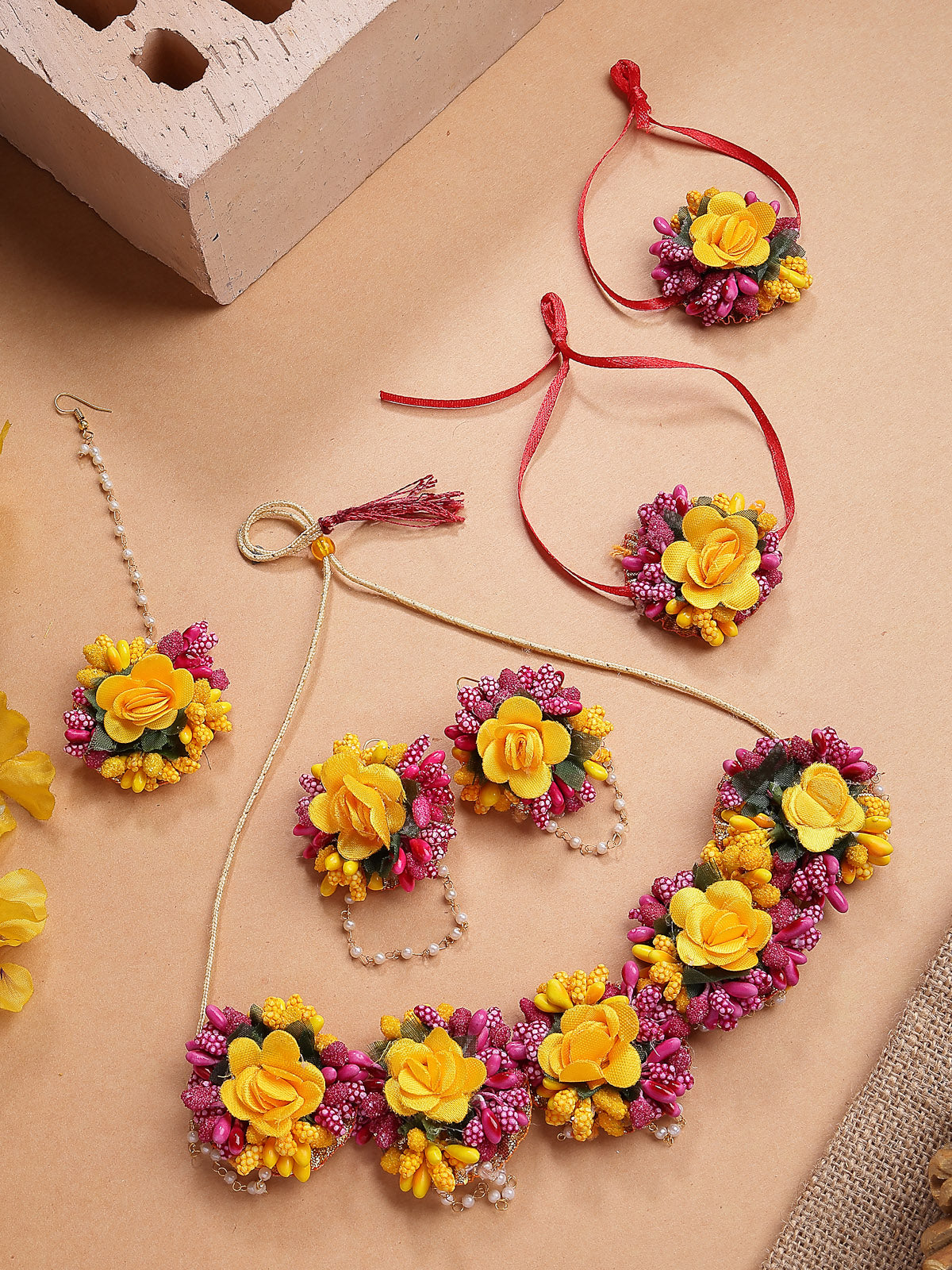 Sukkhi Decorative Stylish Fashion Flowers Handmade Yellow Red Jewellery Set for Haldi Gota Patti Necklace Earrings Bracelet & Maangtikka for Women & Girls|Mehandi/Haldi/Wedding/Bridal/Baby Shower|NS107467