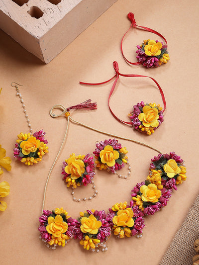 Sukkhi Decorative Stylish Fashion Flowers Handmade Yellow Red Jewellery Set for Haldi Gota Patti Necklace Earrings Bracelet & Maangtikka for Women & Girls|Mehandi/Haldi/Wedding/Bridal/Baby Shower|NS107467