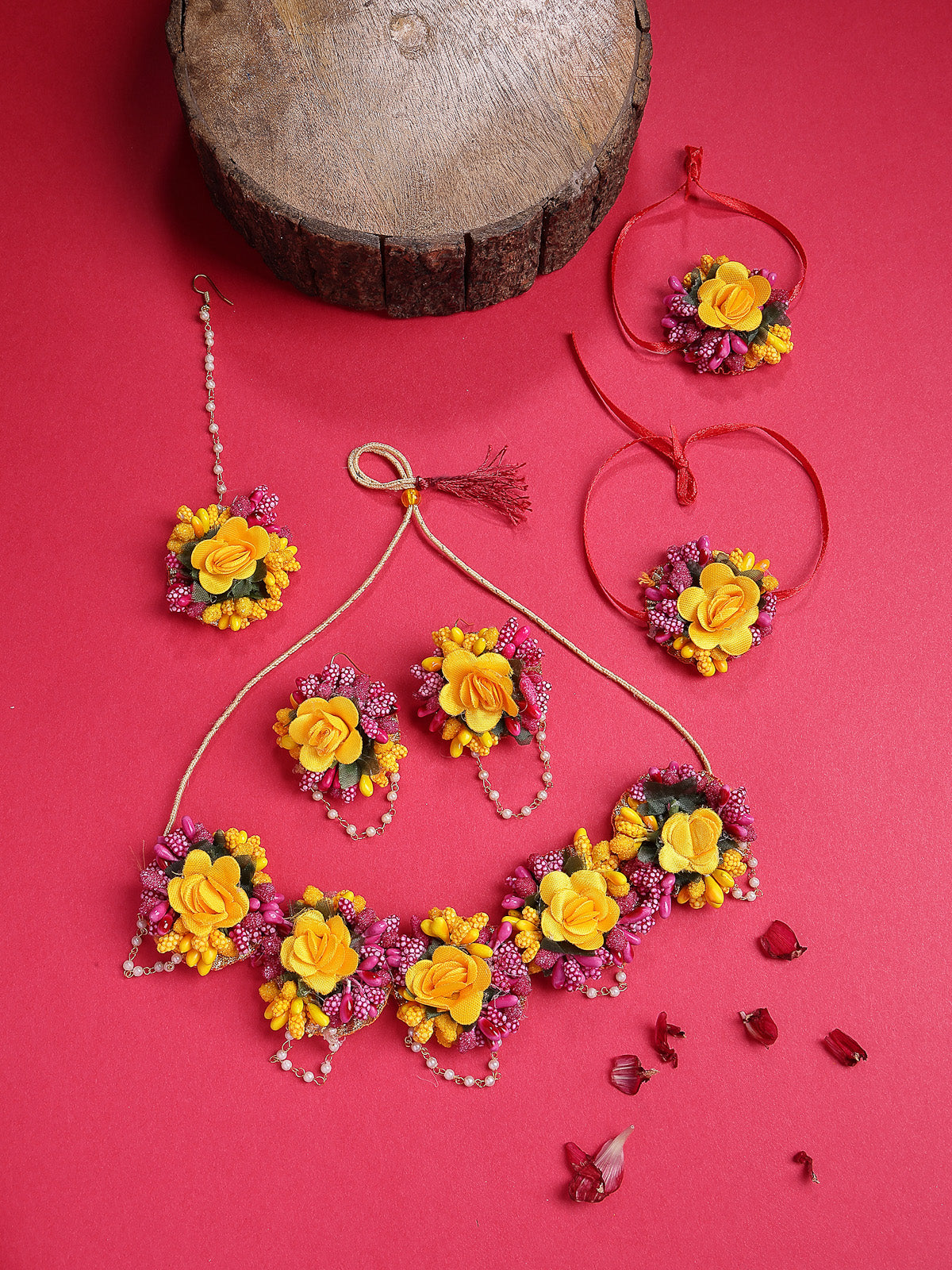 Sukkhi Decorative Stylish Fashion Flowers Handmade Yellow Red Jewellery Set for Haldi Gota Patti Necklace Earrings Bracelet & Maangtikka for Women & Girls|Mehandi/Haldi/Wedding/Bridal/Baby Shower|NS107467