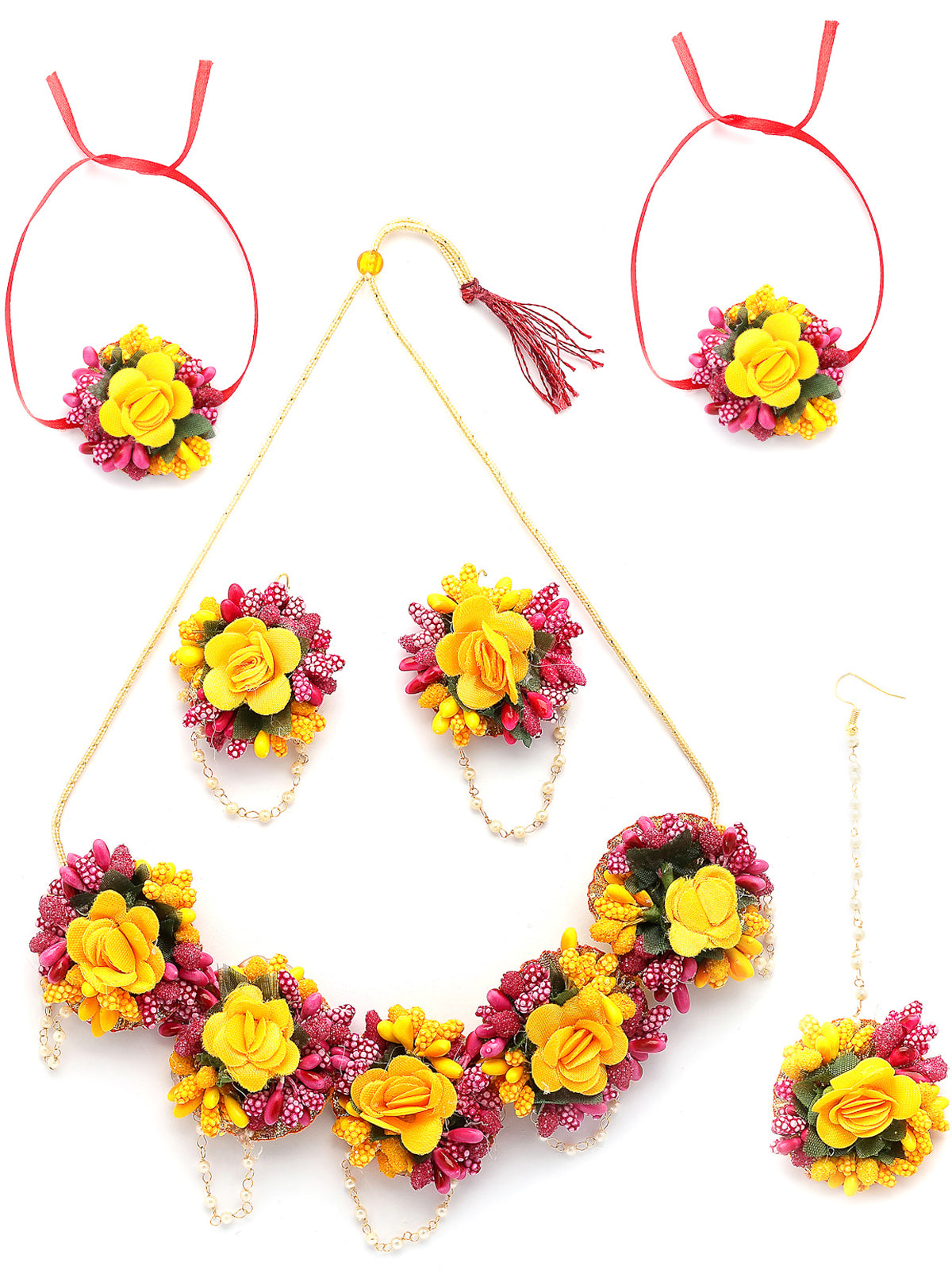 Sukkhi Decorative Stylish Fashion Flowers Handmade Yellow Red Jewellery Set for Haldi Gota Patti Necklace Earrings Bracelet & Maangtikka for Women & Girls|Mehandi/Haldi/Wedding/Bridal/Baby Shower|NS107467