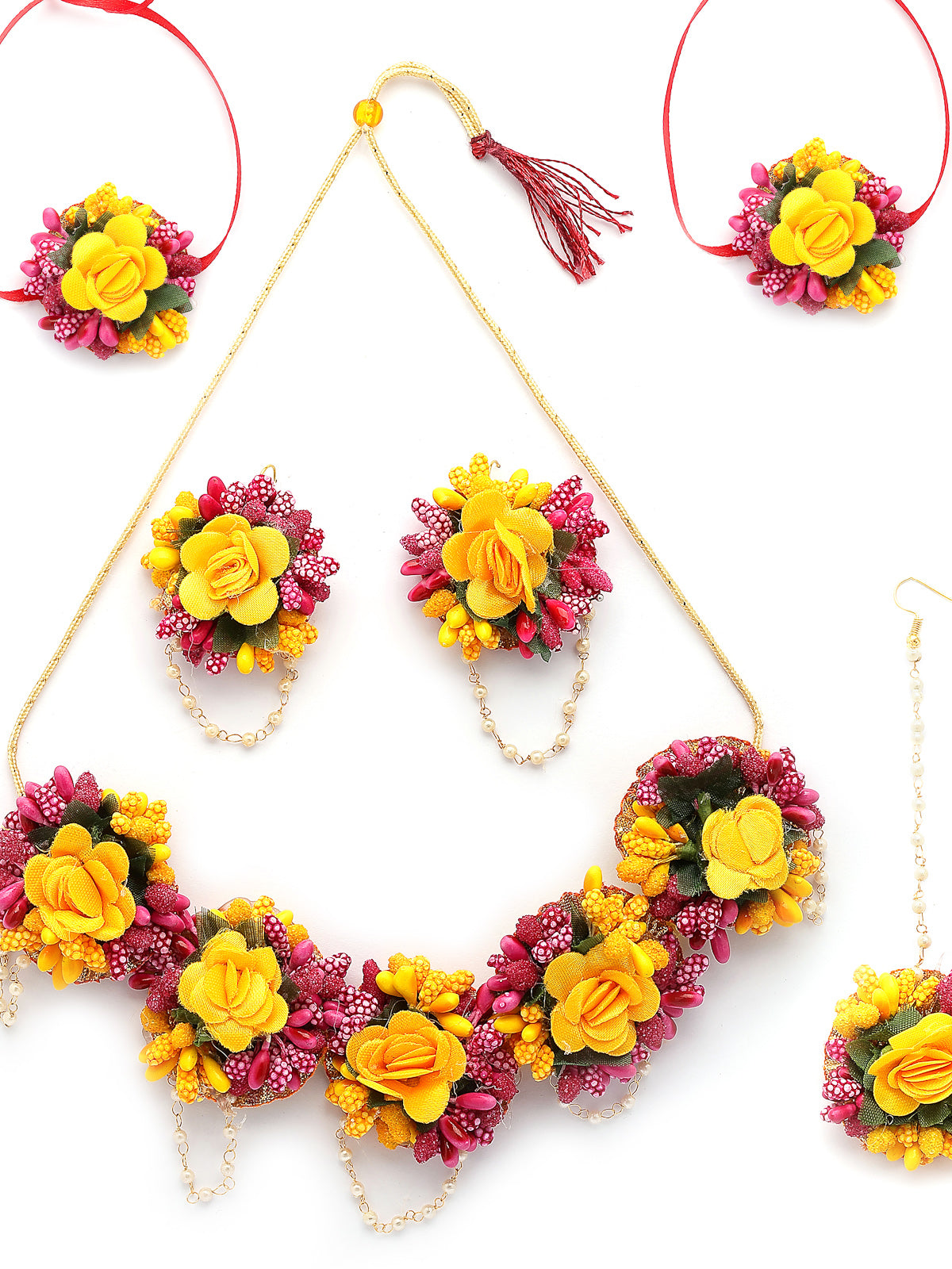 Sukkhi Decorative Stylish Fashion Flowers Handmade Yellow Red Jewellery Set for Haldi Gota Patti Necklace Earrings Bracelet & Maangtikka for Women & Girls|Mehandi/Haldi/Wedding/Bridal/Baby Shower|NS107467