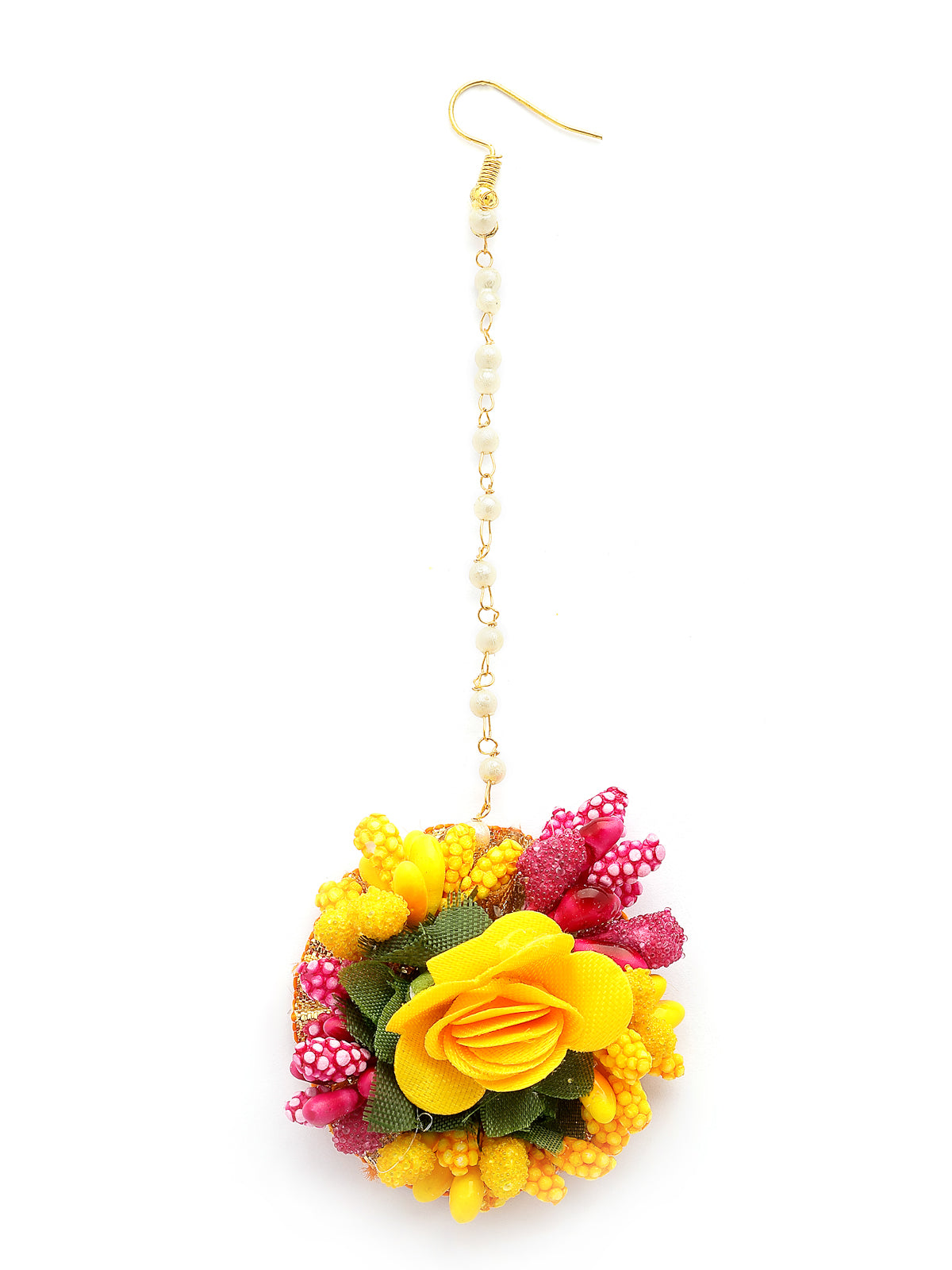 Sukkhi Decorative Stylish Fashion Flowers Handmade Yellow Red Jewellery Set for Haldi Gota Patti Necklace Earrings Bracelet & Maangtikka for Women & Girls|Mehandi/Haldi/Wedding/Bridal/Baby Shower|NS107467