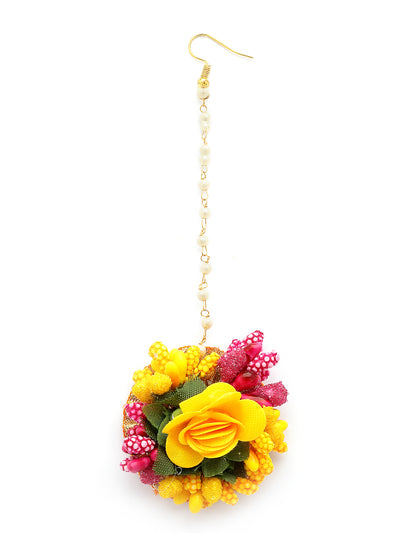 Sukkhi Decorative Stylish Fashion Flowers Handmade Yellow Red Jewellery Set for Haldi Gota Patti Necklace Earrings Bracelet & Maangtikka for Women & Girls|Mehandi/Haldi/Wedding/Bridal/Baby Shower|NS107467