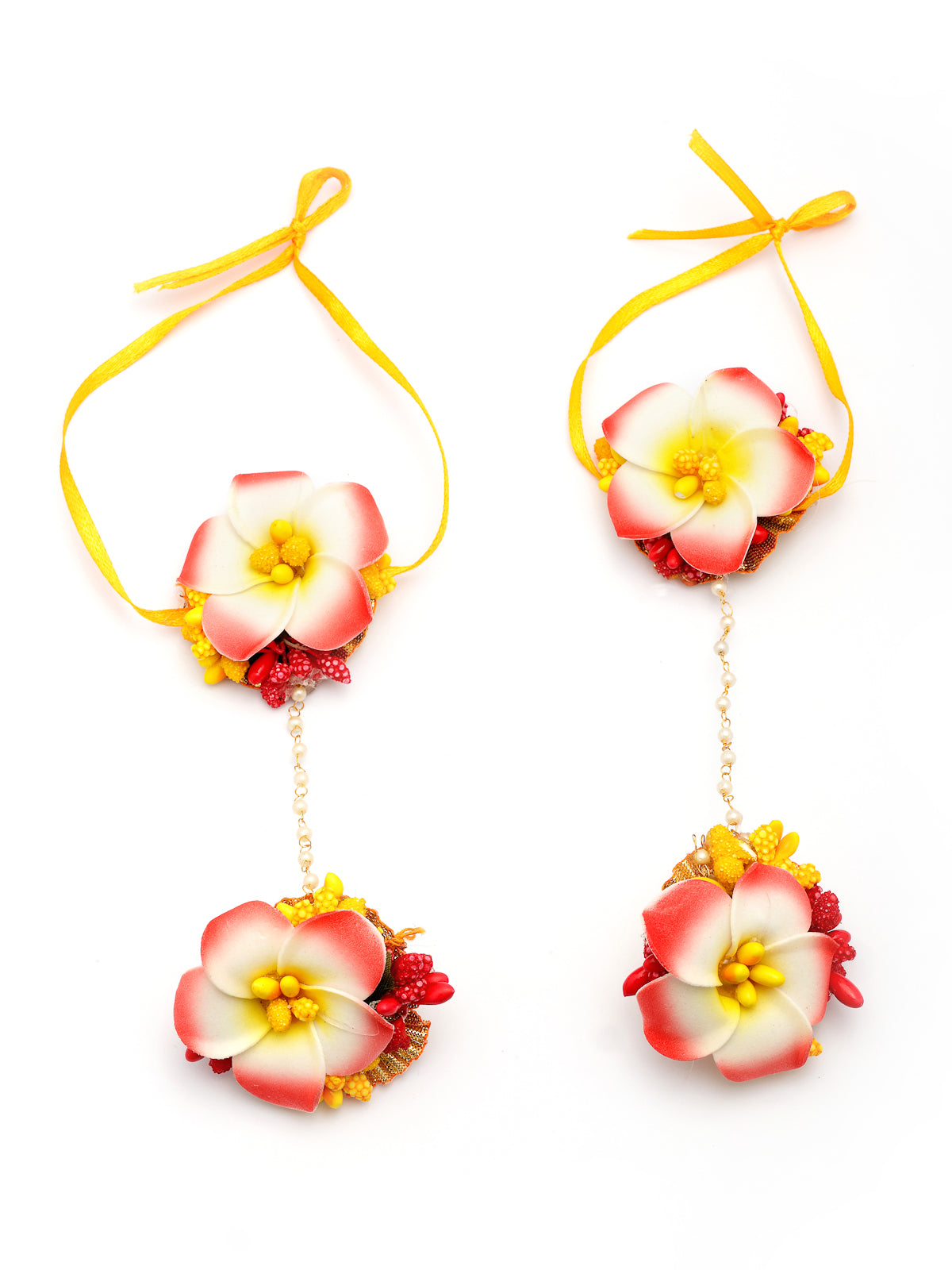 Sukkhi Creative Stylish Fashion Flowers Handmade Yellow Red Jewellery Set for Haldi Gota Patti Necklace Earrings Bracelet & Maangtikka for Women & Girls|Mehandi/Haldi/Wedding/Bridal/Baby Shower|NS107468