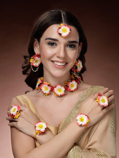 Sukkhi Creative Stylish Fashion Flowers Handmade Yellow Red Jewellery Set for Haldi Gota Patti Necklace Earrings Bracelet & Maangtikka for Women & Girls|Mehandi/Haldi/Wedding/Bridal/Baby Shower|NS107468