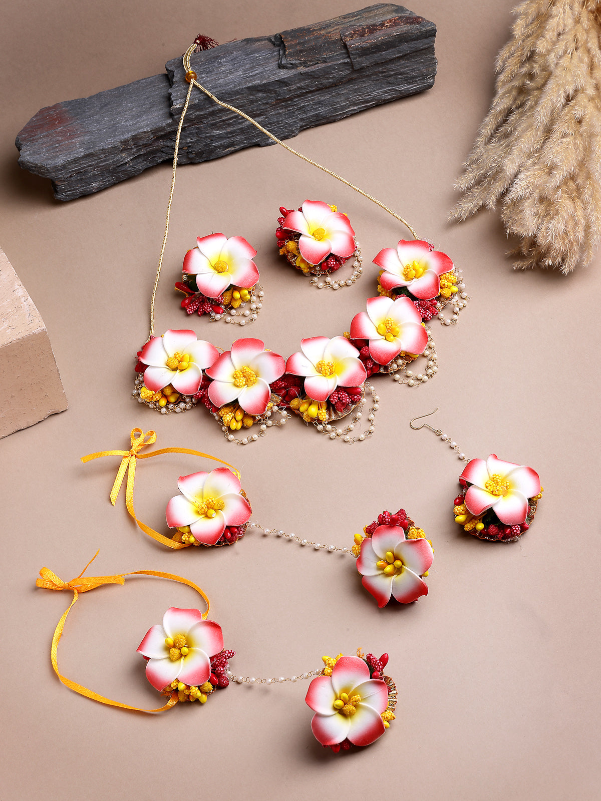 Sukkhi Creative Stylish Fashion Flowers Handmade Yellow Red Jewellery Set for Haldi Gota Patti Necklace Earrings Bracelet & Maangtikka for Women & Girls|Mehandi/Haldi/Wedding/Bridal/Baby Shower|NS107468