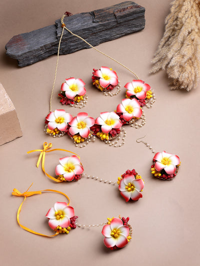 Sukkhi Creative Stylish Fashion Flowers Handmade Yellow Red Jewellery Set for Haldi Gota Patti Necklace Earrings Bracelet & Maangtikka for Women & Girls|Mehandi/Haldi/Wedding/Bridal/Baby Shower|NS107468