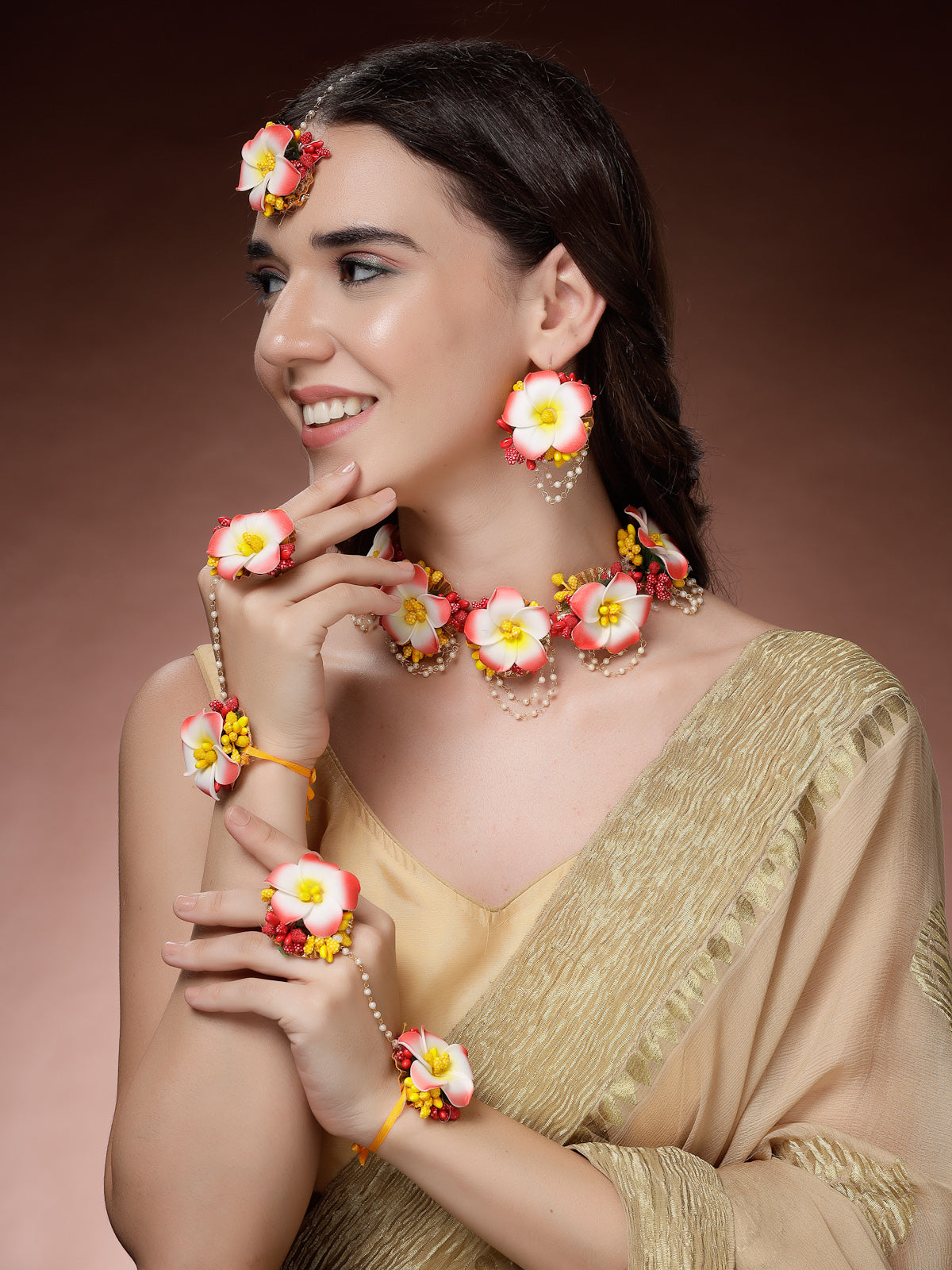 Sukkhi Creative Stylish Fashion Flowers Handmade Yellow Red Jewellery Set for Haldi Gota Patti Necklace Earrings Bracelet & Maangtikka for Women & Girls|Mehandi/Haldi/Wedding/Bridal/Baby Shower|NS107468