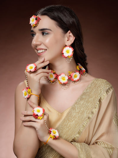 Sukkhi Creative Stylish Fashion Flowers Handmade Yellow Red Jewellery Set for Haldi Gota Patti Necklace Earrings Bracelet & Maangtikka for Women & Girls|Mehandi/Haldi/Wedding/Bridal/Baby Shower|NS107468