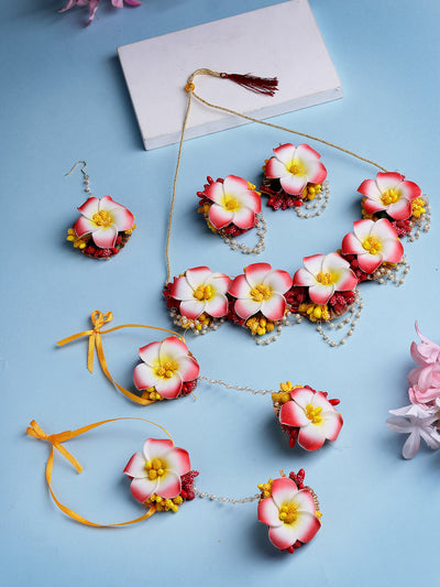 Sukkhi Creative Stylish Fashion Flowers Handmade Yellow Red Jewellery Set for Haldi Gota Patti Necklace Earrings Bracelet & Maangtikka for Women & Girls|Mehandi/Haldi/Wedding/Bridal/Baby Shower|NS107468