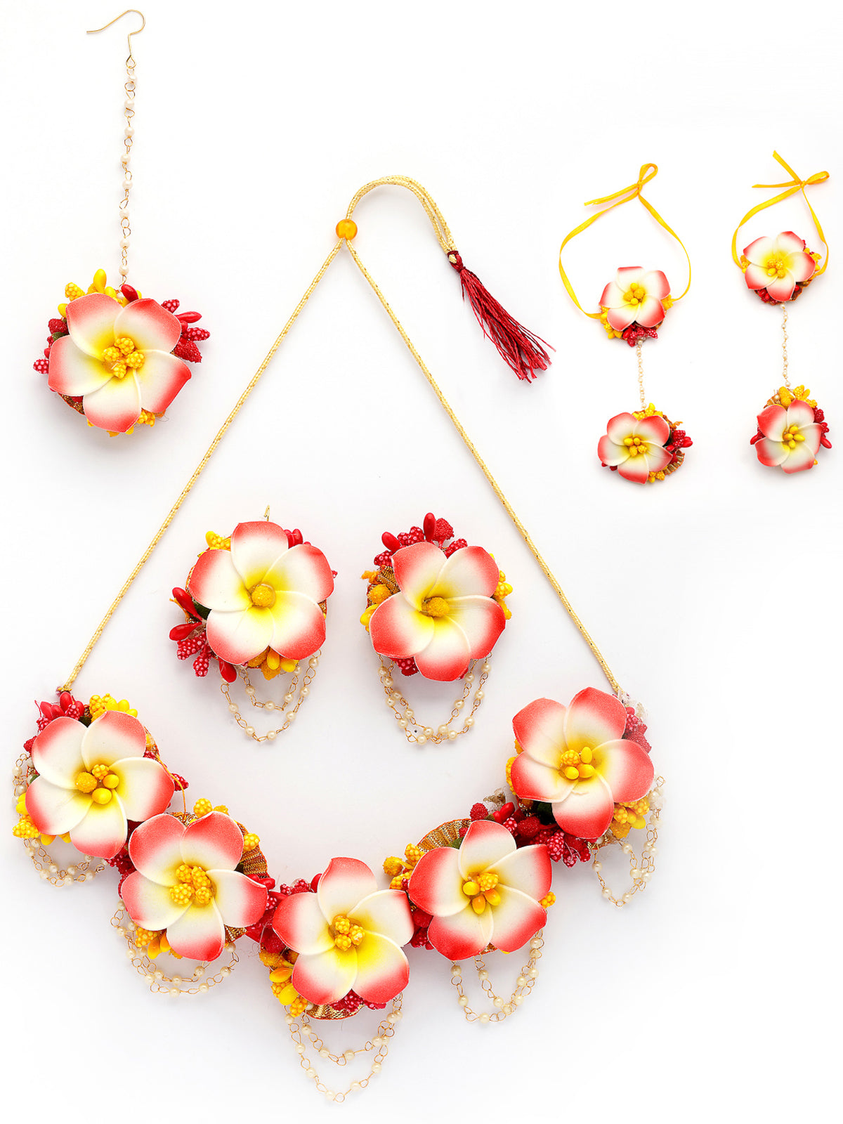 Sukkhi Creative Stylish Fashion Flowers Handmade Yellow Red Jewellery Set for Haldi Gota Patti Necklace Earrings Bracelet & Maangtikka for Women & Girls|Mehandi/Haldi/Wedding/Bridal/Baby Shower|NS107468