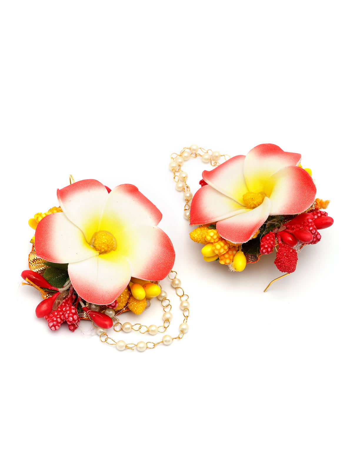 Sukkhi Creative Stylish Fashion Flowers Handmade Yellow Red Jewellery Set for Haldi Gota Patti Necklace Earrings Bracelet & Maangtikka for Women & Girls|Mehandi/Haldi/Wedding/Bridal/Baby Shower|NS107468