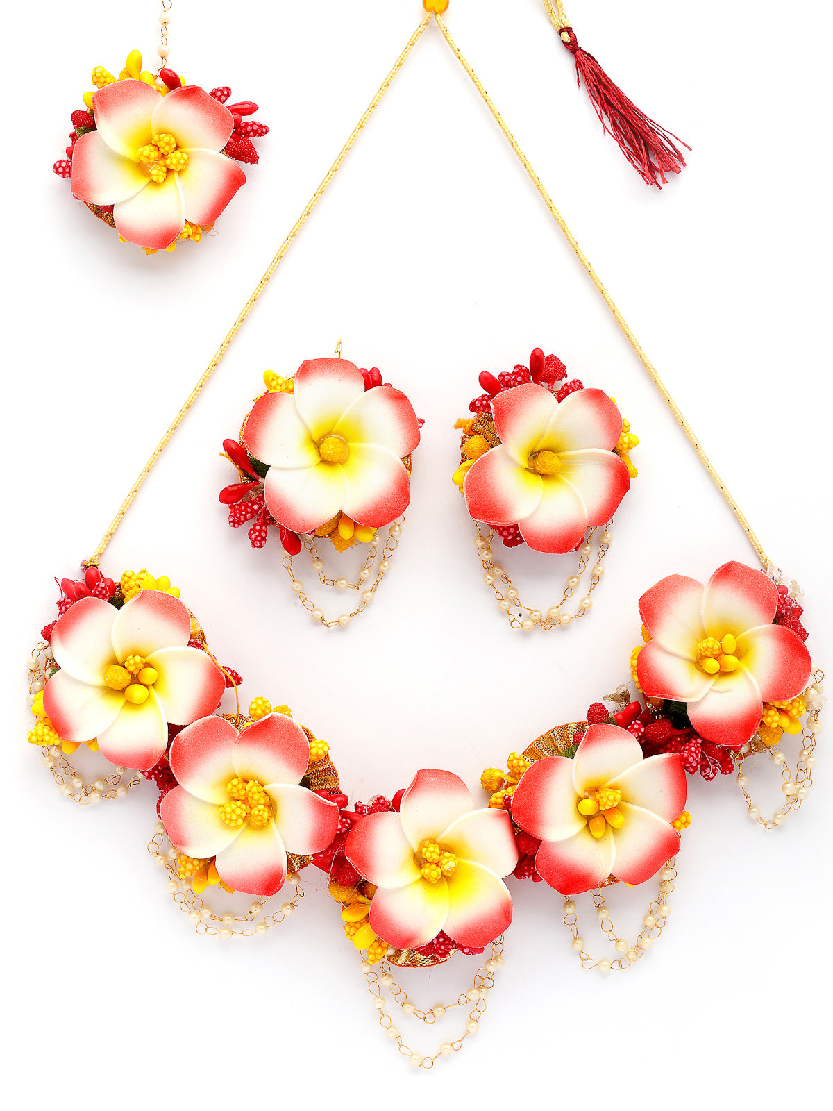 Sukkhi Creative Stylish Fashion Flowers Handmade Yellow Red Jewellery Set for Haldi Gota Patti Necklace Earrings Bracelet & Maangtikka for Women & Girls|Mehandi/Haldi/Wedding/Bridal/Baby Shower|NS107468
