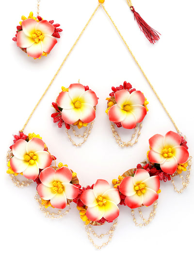 Sukkhi Creative Stylish Fashion Flowers Handmade Yellow Red Jewellery Set for Haldi Gota Patti Necklace Earrings Bracelet & Maangtikka for Women & Girls|Mehandi/Haldi/Wedding/Bridal/Baby Shower|NS107468