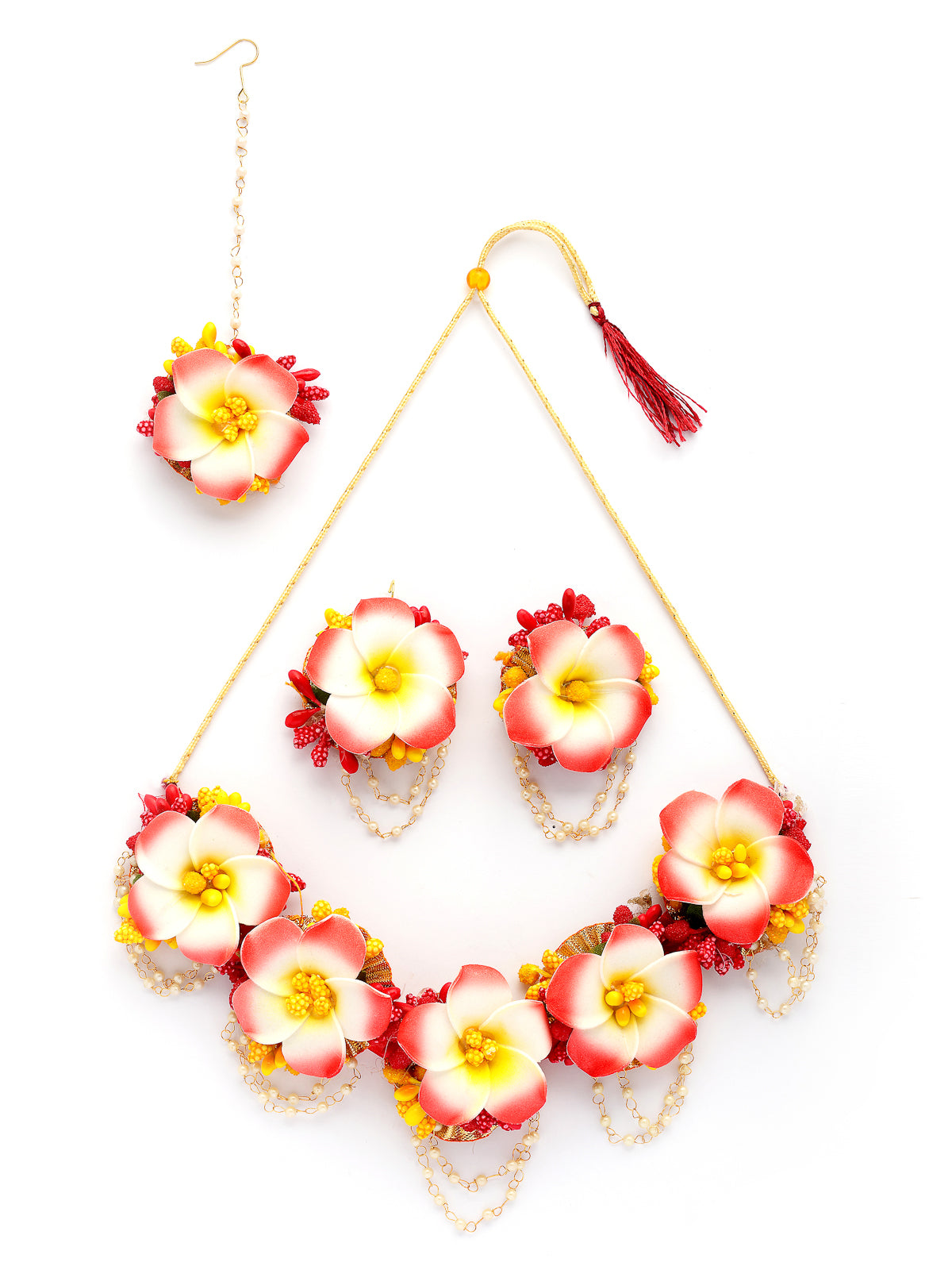 Sukkhi Creative Stylish Fashion Flowers Handmade Yellow Red Jewellery Set for Haldi Gota Patti Necklace Earrings Bracelet & Maangtikka for Women & Girls|Mehandi/Haldi/Wedding/Bridal/Baby Shower|NS107468