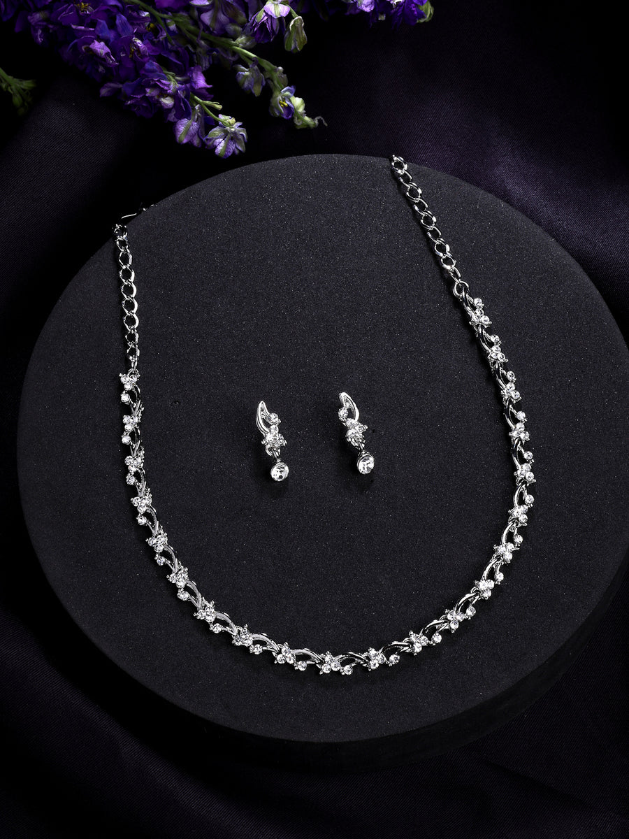 Sukkhi Attractive & Stylish Rhodium Plated AD Stones Studded Choker Necklace Set with Drop Earring Jewellery for Women & Girls|Jewellery for Party, Wedding, and Festive Occasions for Women|NS107471