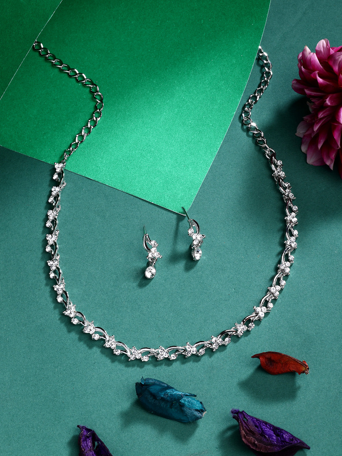 Sukkhi Attractive & Stylish Rhodium Plated AD Stones Studded Choker Necklace Set with Drop Earring Jewellery for Women & Girls|Jewellery for Party, Wedding, and Festive Occasions for Women|NS107471