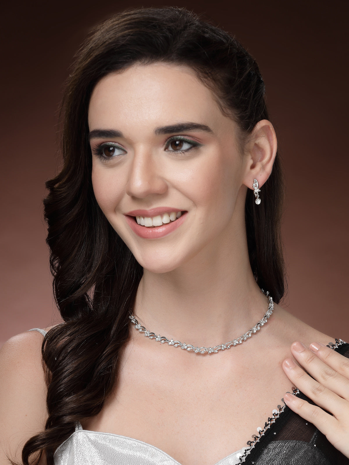 Sukkhi Attractive & Stylish Rhodium Plated AD Stones Studded Choker Necklace Set with Drop Earring Jewellery for Women & Girls|Jewellery for Party, Wedding, and Festive Occasions for Women|NS107471