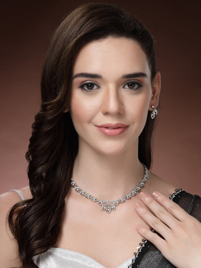 Sukkhi Decent & Shiny AD Stones Studded with Rhodium Plated Choker Necklace Set & Drop Earrings Jewellery for Women & Girls|Jewellery for Party, Wedding, and Festive Occasions for Women|NS107472