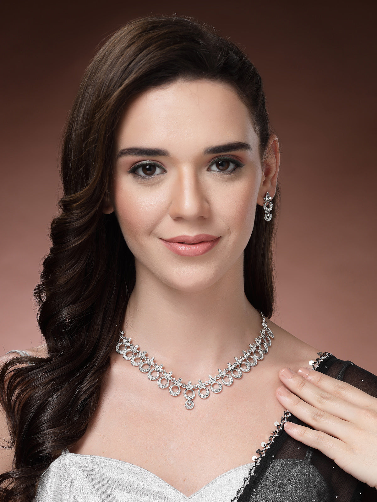 Sukkhi Graceful Rhodium Plated Round Shaped AD Stones Studded Silver Necklace Set with Studs Earrings Jewellery for Women & Girls|Jewellery for Party, Wedding, and Festive Occasions for Women|NS107473