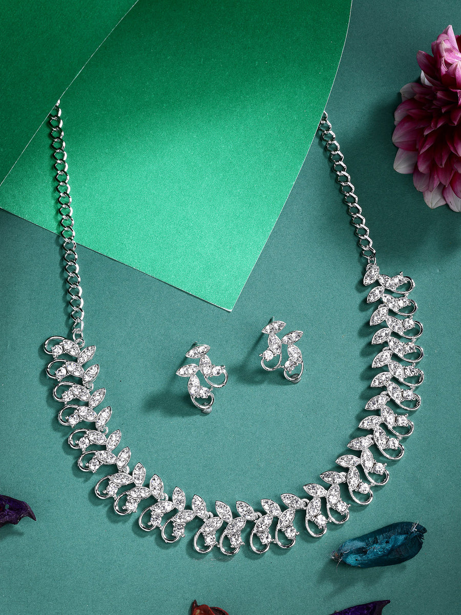 Sukkhi Stylish Rhodium Plated AD Stones Silver Choker Necklace Set with Studs Earrings Jewellery for Women & Girls|Jewellery for Party, Wedding, and Festive Occasions for Women|NS107474