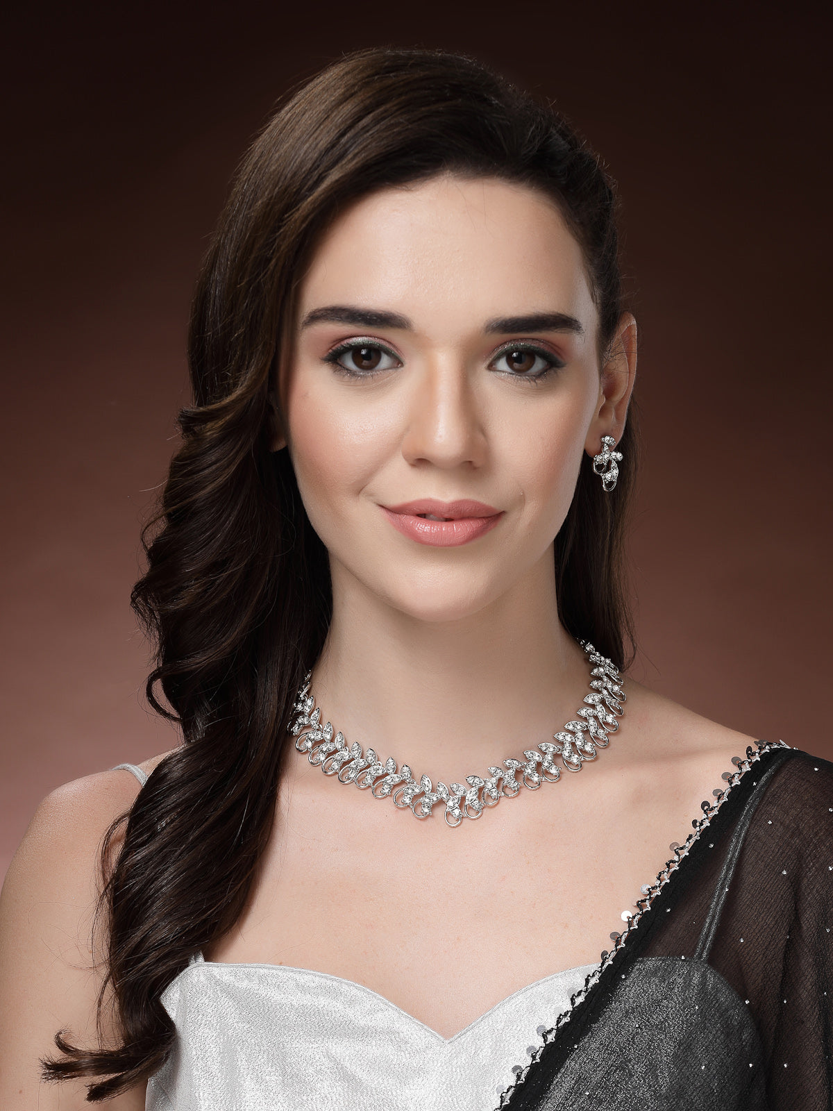 Sukkhi Stylish Rhodium Plated AD Stones Silver Choker Necklace Set with Studs Earrings Jewellery for Women & Girls|Jewellery for Party, Wedding, and Festive Occasions for Women|NS107474