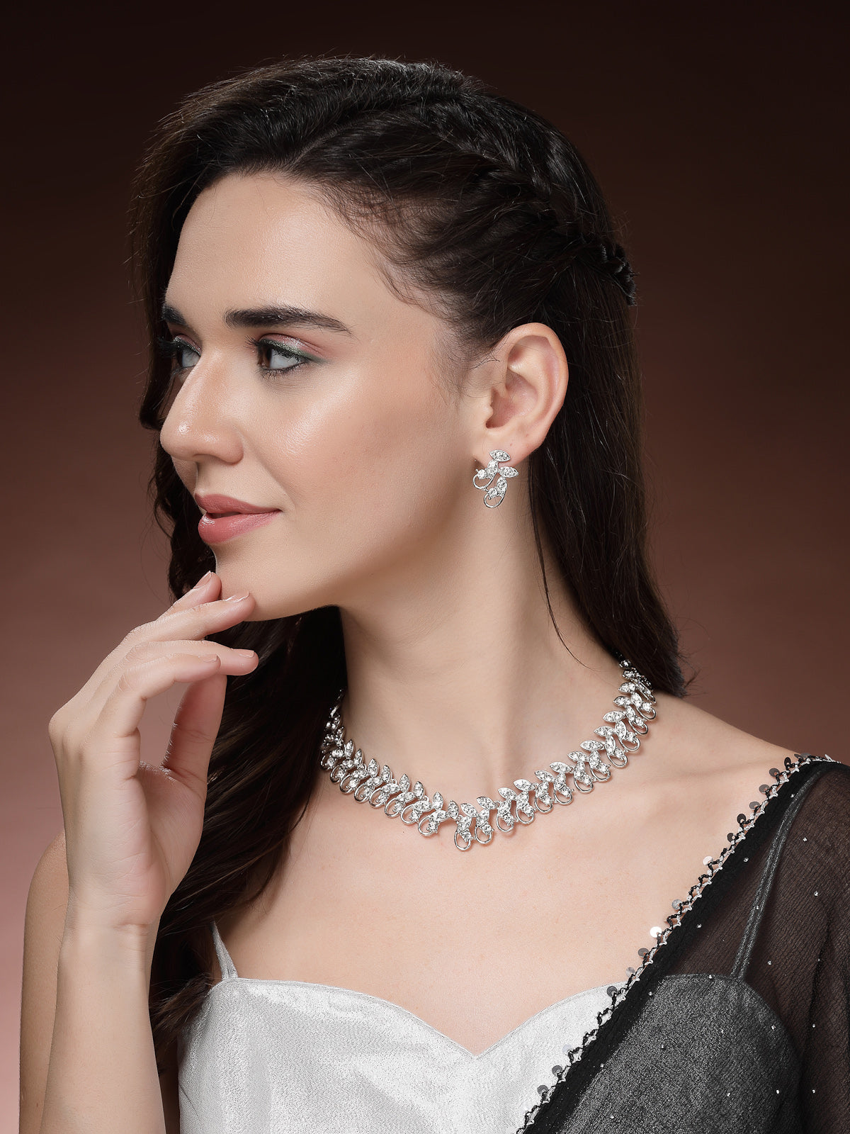 Sukkhi Stylish Rhodium Plated AD Stones Silver Choker Necklace Set with Studs Earrings Jewellery for Women & Girls|Jewellery for Party, Wedding, and Festive Occasions for Women|NS107474