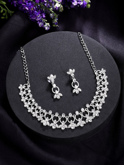 Sukkhi Latest Stylish Rhodium Plated AD Stones Studded Silver Choker Necklace Set with Drop Earrings Jewellery for Women & Girs|Jewellery for Party, Wedding, and Festive Occasions for Women|NS107475