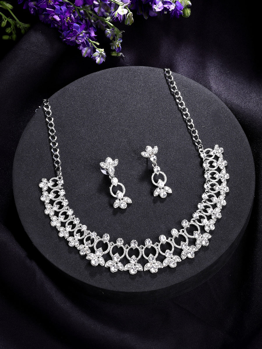 Sukkhi Latest Stylish Rhodium Plated AD Stones Studded Silver Choker Necklace Set with Drop Earrings Jewellery for Women & Girs|Jewellery for Party, Wedding, and Festive Occasions for Women|NS107475
