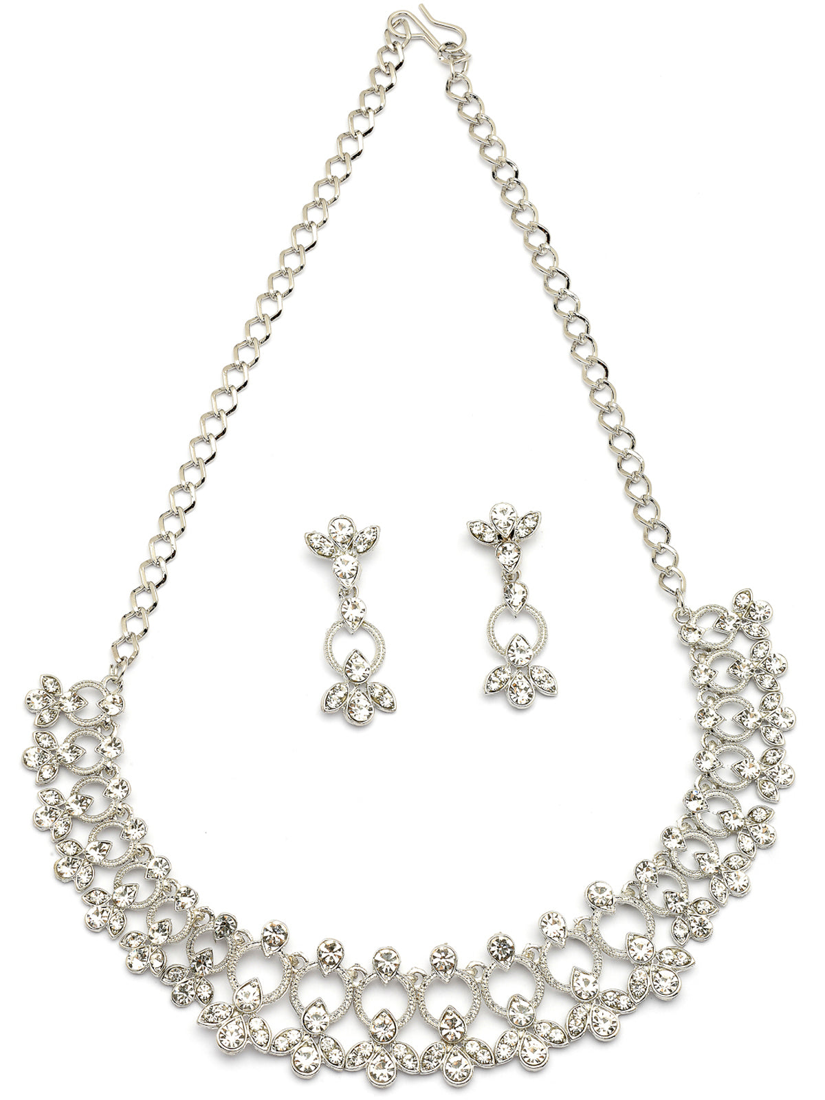 Sukkhi Latest Stylish Rhodium Plated AD Stones Studded Silver Choker Necklace Set with Drop Earrings Jewellery for Women & Girs|Jewellery for Party, Wedding, and Festive Occasions for Women|NS107475