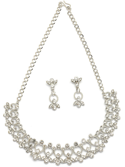Sukkhi Latest Stylish Rhodium Plated AD Stones Studded Silver Choker Necklace Set with Drop Earrings Jewellery for Women & Girs|Jewellery for Party, Wedding, and Festive Occasions for Women|NS107475