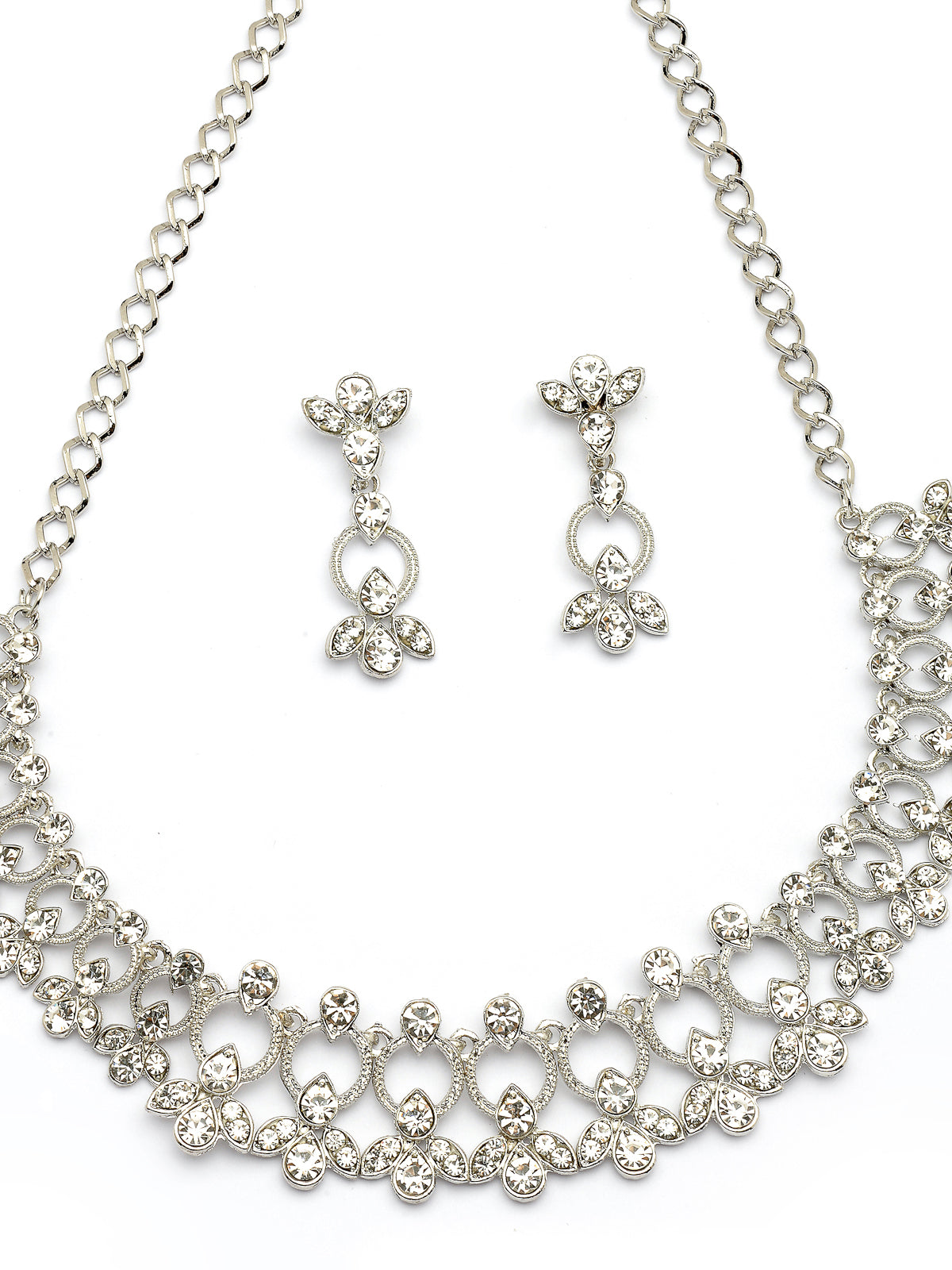 Sukkhi Latest Stylish Rhodium Plated AD Stones Studded Silver Choker Necklace Set with Drop Earrings Jewellery for Women & Girs|Jewellery for Party, Wedding, and Festive Occasions for Women|NS107475