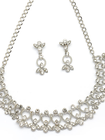 Sukkhi Latest Stylish Rhodium Plated AD Stones Studded Silver Choker Necklace Set with Drop Earrings Jewellery for Women & Girs|Jewellery for Party, Wedding, and Festive Occasions for Women|NS107475